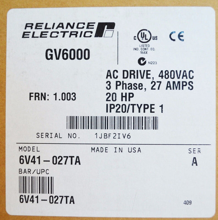 NEW Sealed Reliance Electric GV6000 6V41-027TA | 20 HP 480 VAC Version 1.003