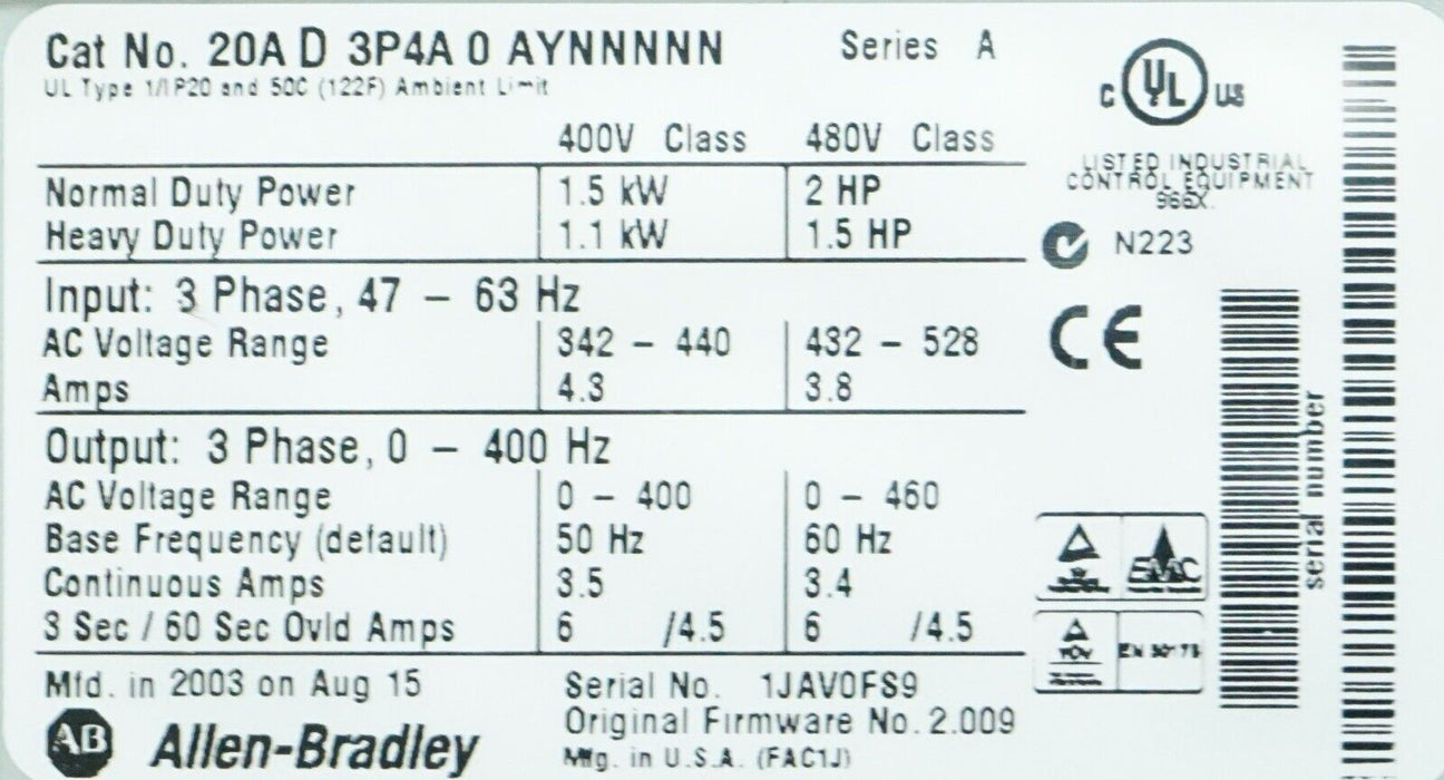 Allen Bradley PowerFlex 70 2 HP 20AD3P4A0AYNNNNN 480 VAC FRN 2.009