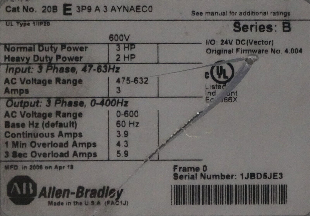 Allen-Bradley PowerFlex 700 3HP 20BE3P9A3AYNAEC0 600VAC FRN:4.004