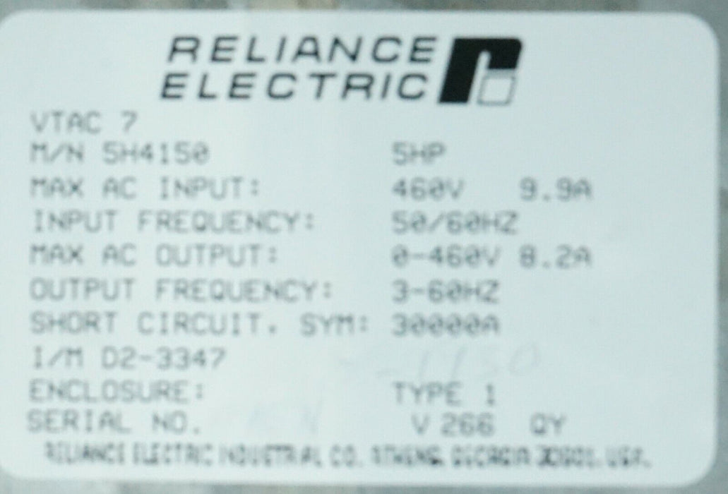 Reliance Electric VTAC7 HVAC Drive 5H4150 5HP FRM:5.02 - Tested Good