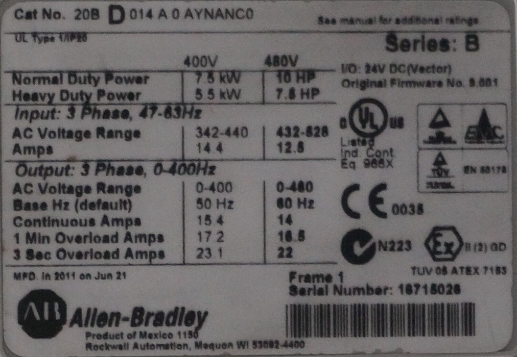 Allen-Bradley PowerFlex 700 10HP 20BD014A0AYNANC0 480 VAC FRN:9.001 Tested Good