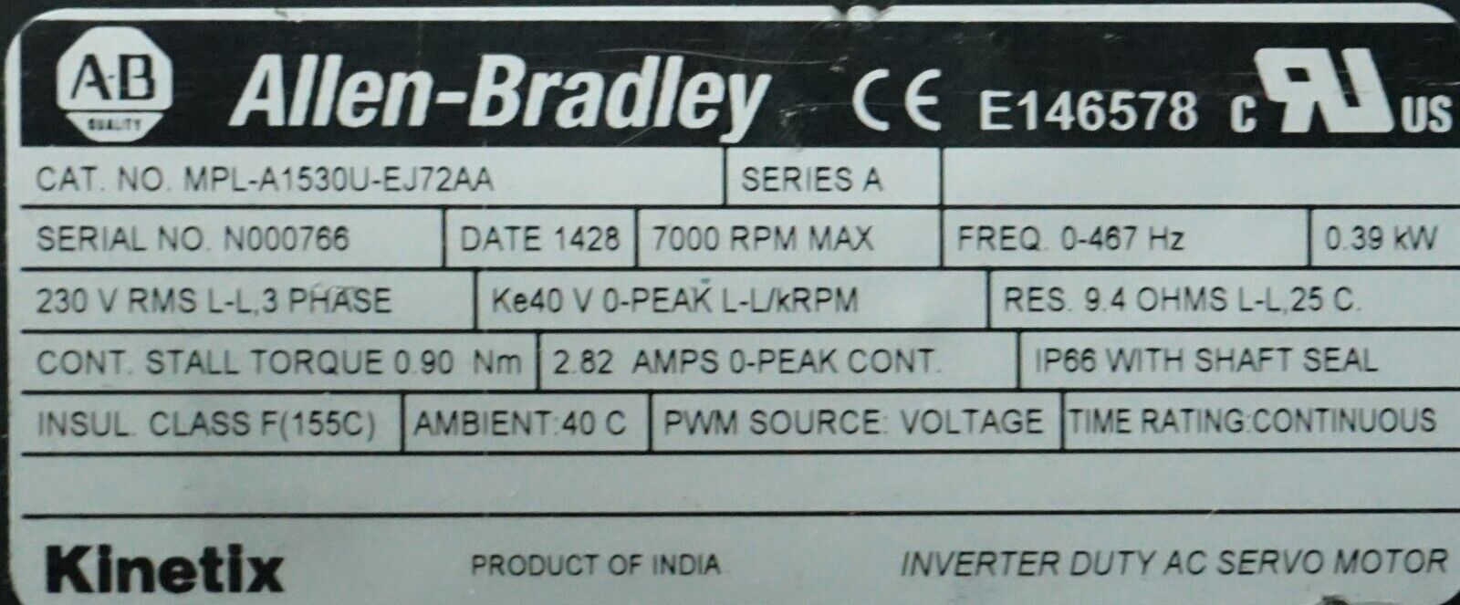 Allen Bradley MPL-A1530U-EJ72AA Brushless Servo Motor 460V AC