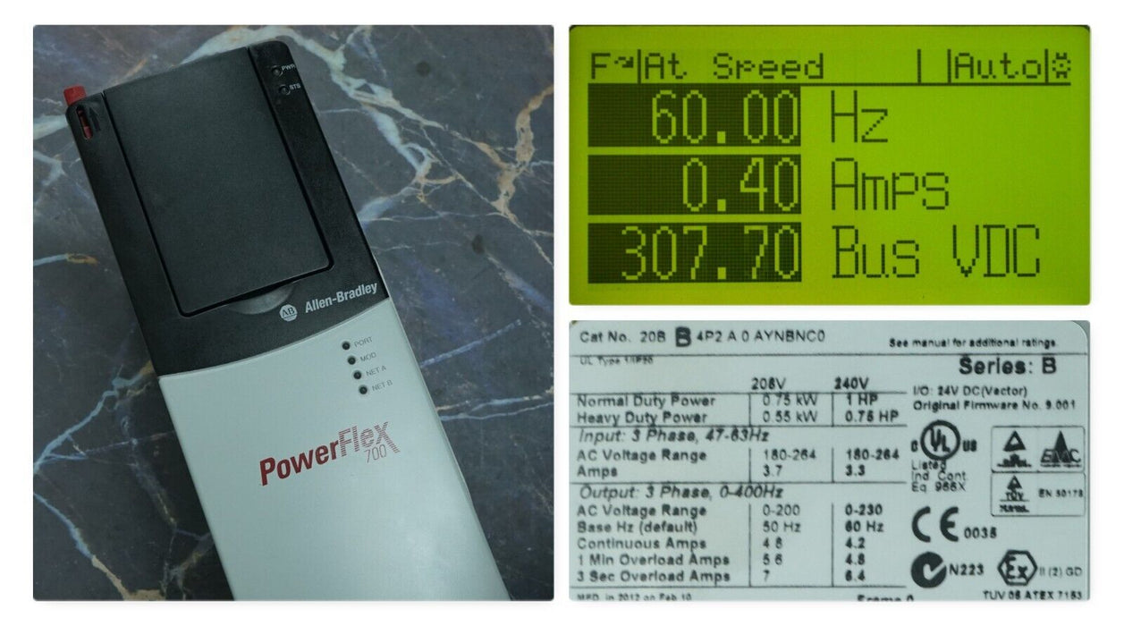 Low Hr Allen-Bradley PowerFlex 700 1HP 20BB4P2A0AYNBNC0 240VAC Tested FRN:9.001