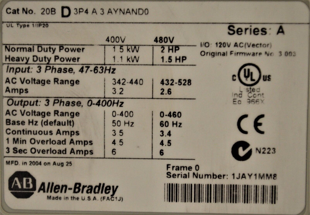 Allen-Bradley PowerFlex 700 2 HP 20BD3P4A3AYNAND0 480 VAC Series A Tested Good