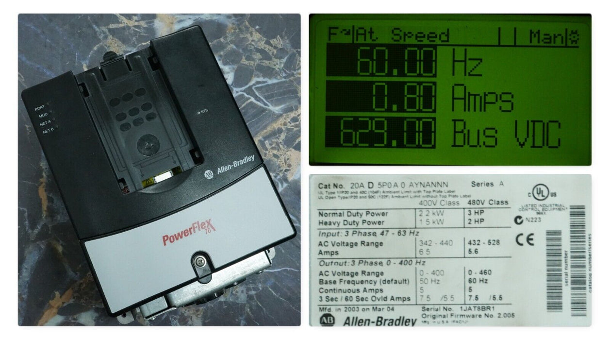 Low Hours Allen-Bradley PowerFlex 70 3 HP 20AD5P0A0AYNANNN Tested Good FRN:2.005