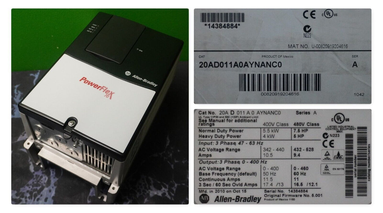 New Allen Bradley PowerFlex 70 7.5HP 20AD011A0AYNANC0 480VAC FRN:5.001