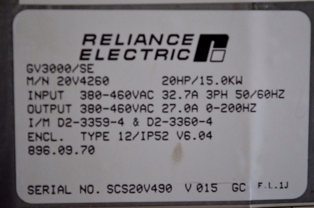 Reliance Electric GV3000/SE 20 HP 20V4260 VER. 6.04 AC DRIVE Tested Good Clean