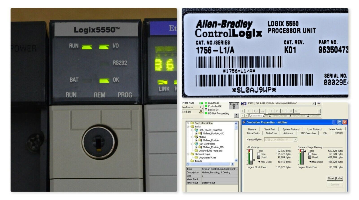 Allen Bradley 1756-L1/A ControlLogix 5550 Processor CPU PLC Tested Good Clean.