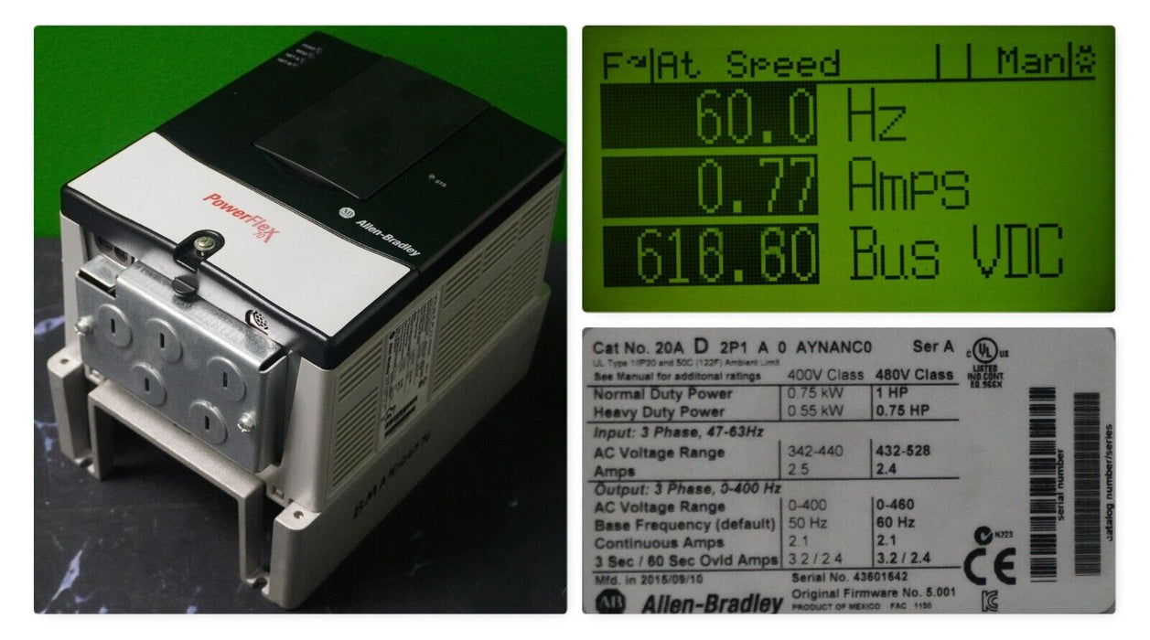 Zero Hr Allen-Bradley PowerFlex 70 1HP 20AD2P1A0AYNANC0 480 VAC FRN:5.001