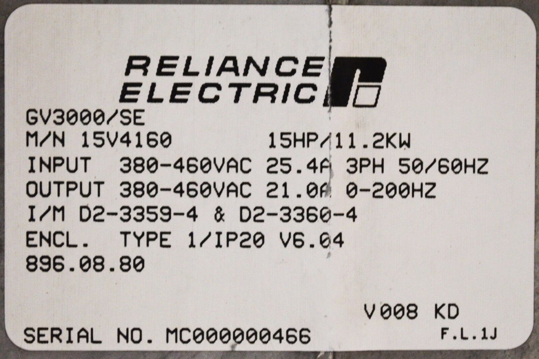 RELIANCE ELECTRIC GV3000 15 HP 15V4160 VER. 6.06 AC DRIVE TESTED GOOD