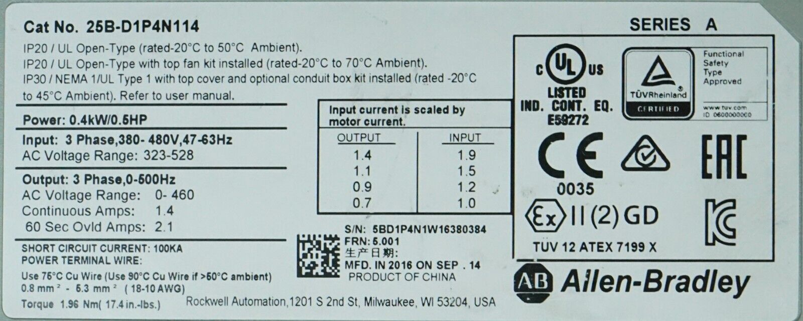 Low Hr Allen Bradley 25B-D1P4N114 1/2HP Powerflex 525 Series A FRN:5.001 Tested