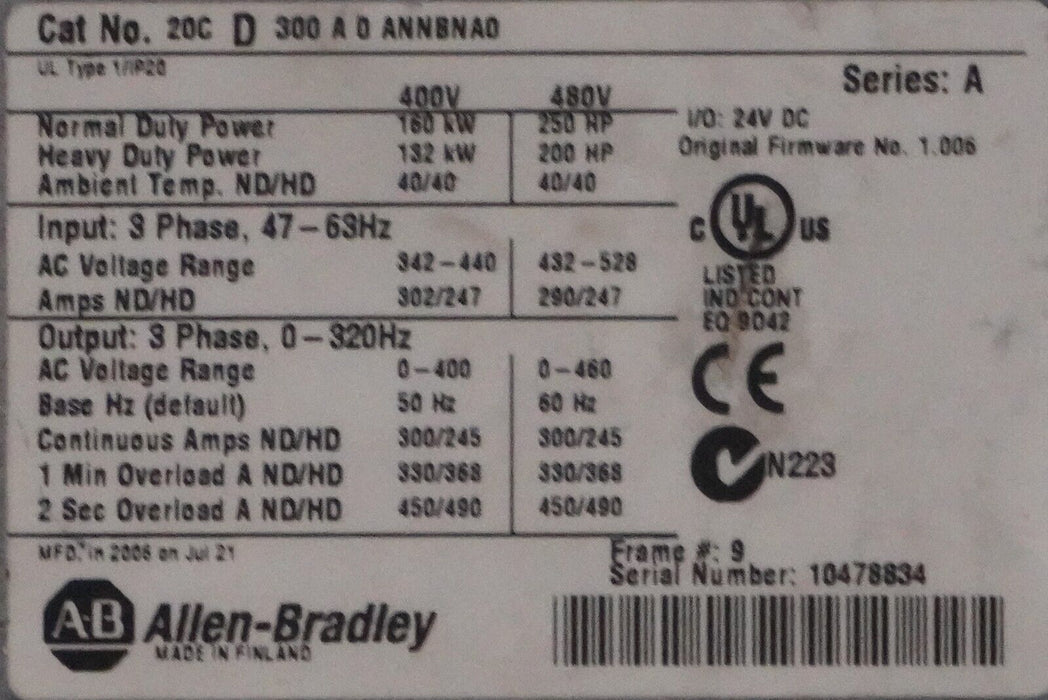 Allen Bradley 20CD300A0ANNBNA0 PowerFlex 700H 300A 250HP NEMA Type 1 Tested Good