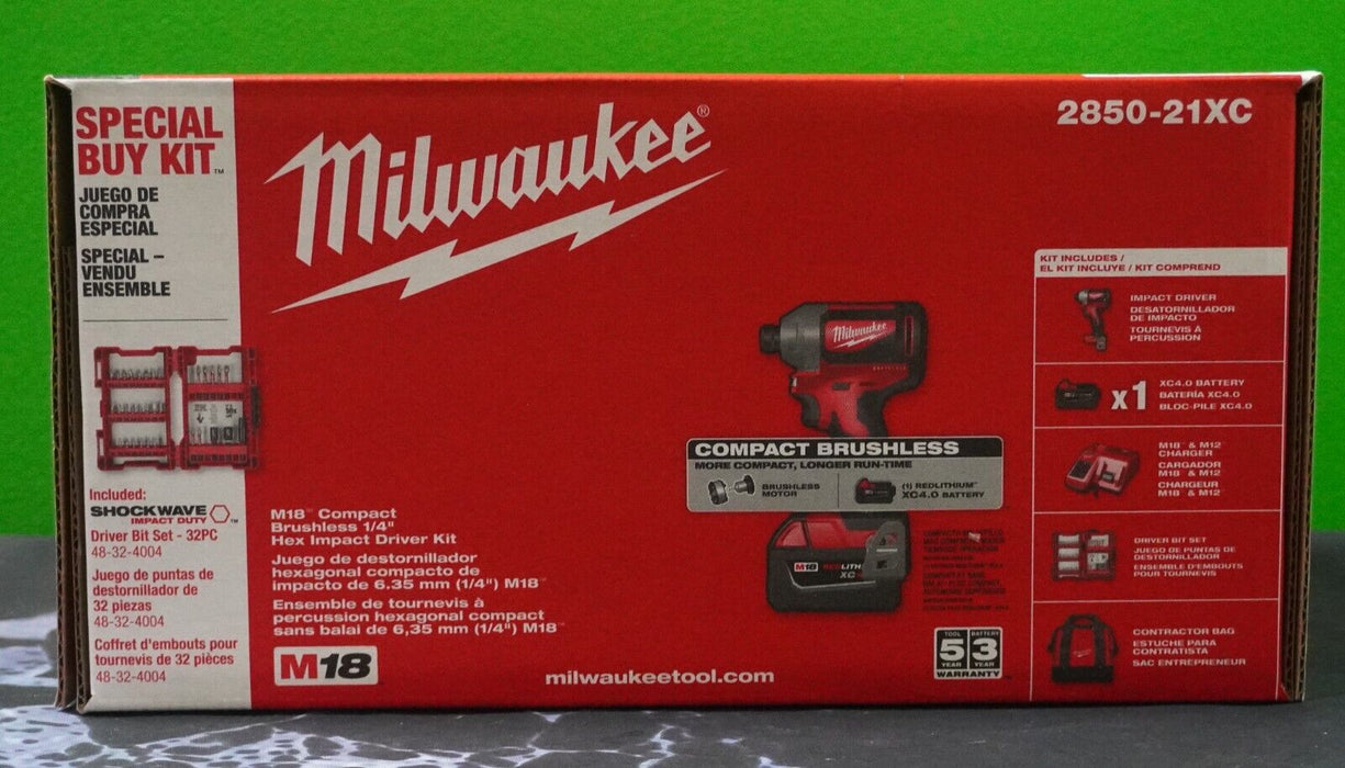 New Milwaukee 2850-21XC Cordless LITHIUM-ION 1/4" impact driver Kit with Bit Set