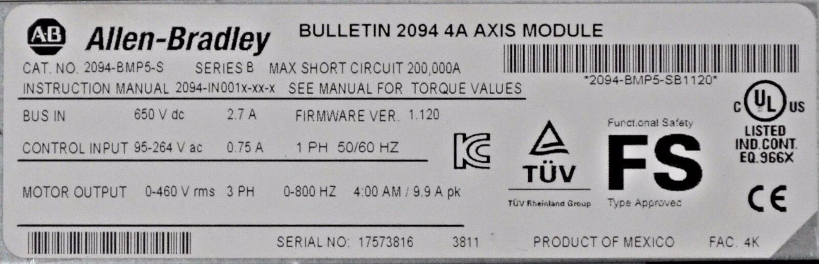 ALLEN-BRADLEY KINETIX 6000 2094-BMP5-S AXIS MODULE 4 AMPS 480 VAC FIRMWARE 1.120