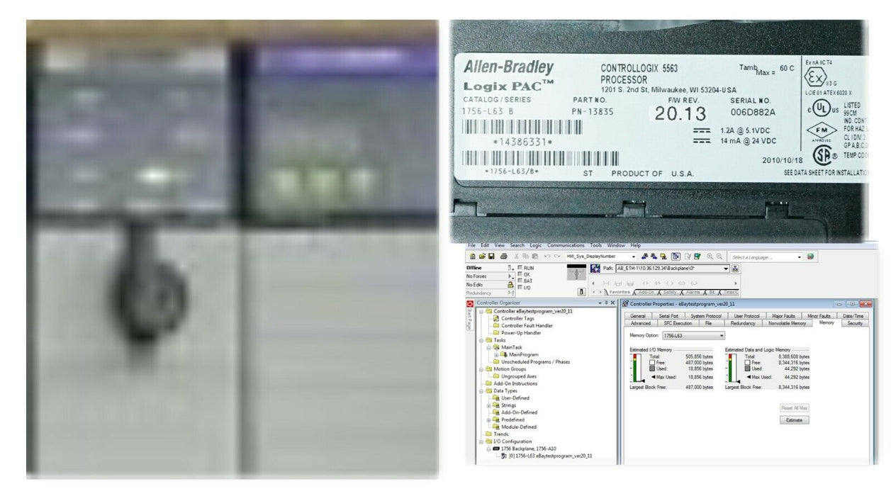 Allen Bradley 1756-L63/B ControlLogix Logix5563 8 MB Memory Tested Good Ser.882A