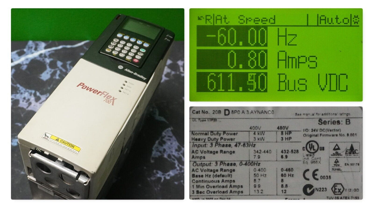 Allen-Bradley PowerFlex 700 5 HP 20BD8P0A3AYNANC0 480 VAC FRN:9.001