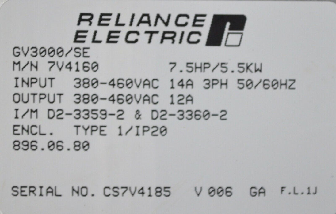 Reliance Electric GV3000/SE 7.5 HP 7V4160 Firmware 6.01 AC Drive TESTED GOOD