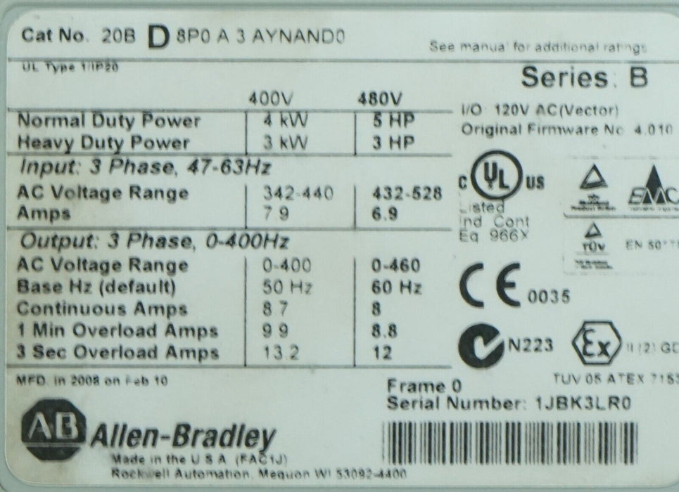 New Allen-Bradley PowerFlex 700 5HP 20BD8P0A3AYNAND0 480VAC FRN:4.010