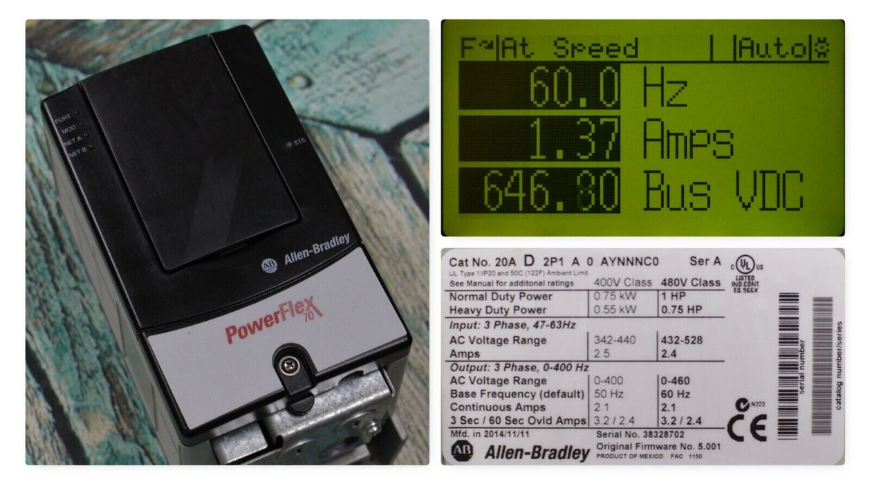 2014 20AD2P1A0AYNNNC0 /A PowerFlex 70  AC Drive, 480 VAC, 3 PH, 2.1 Amps, 1 HP