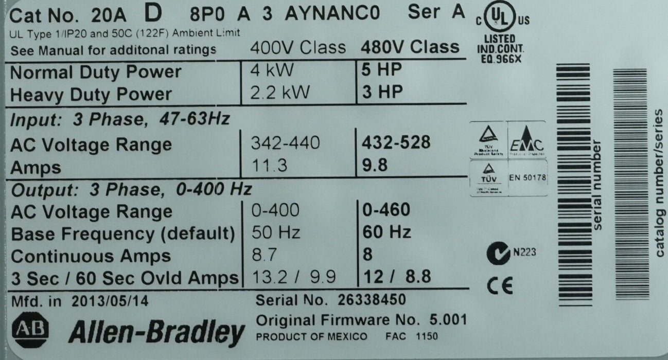 Low Hours Allen-Bradley Powerflex 70 5HP 20AD8P0A3AYNANC0 Series A FRN: 5.001