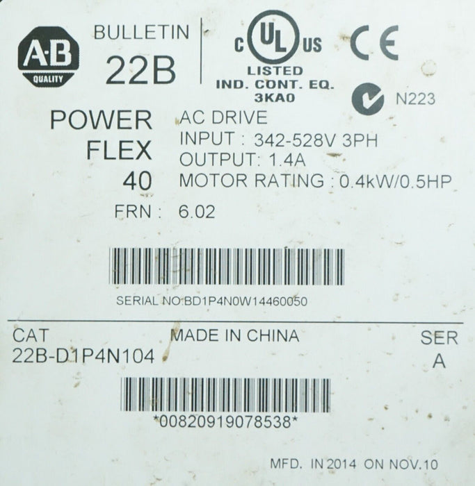 Allen-Bradley 1/2HP Powerflex 40 22B-D1P4N104 Ser. A Tested Good FRN: 6.02