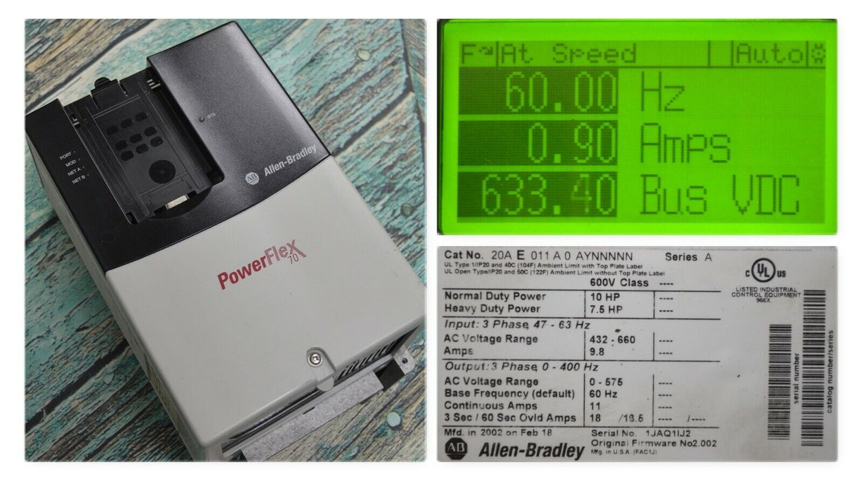 Allen-Bradley PowerFlex 70 10HP 20AE011A0AYNNNNN 600 VAC Tested Clean FRN:2.002