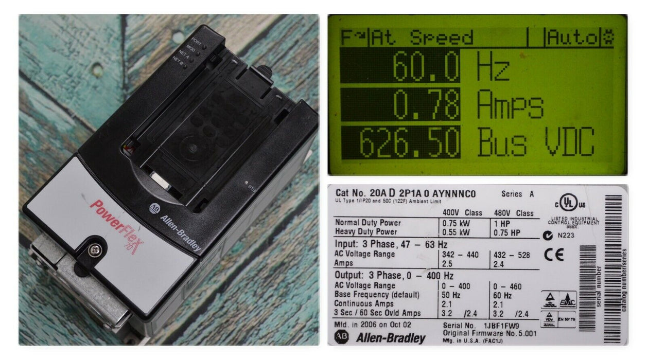 Allen-Bradley 20AD2P1A0AYNNNC0/A PowerFlex 70 1 HP 480 VAC Drive FRN:5.001