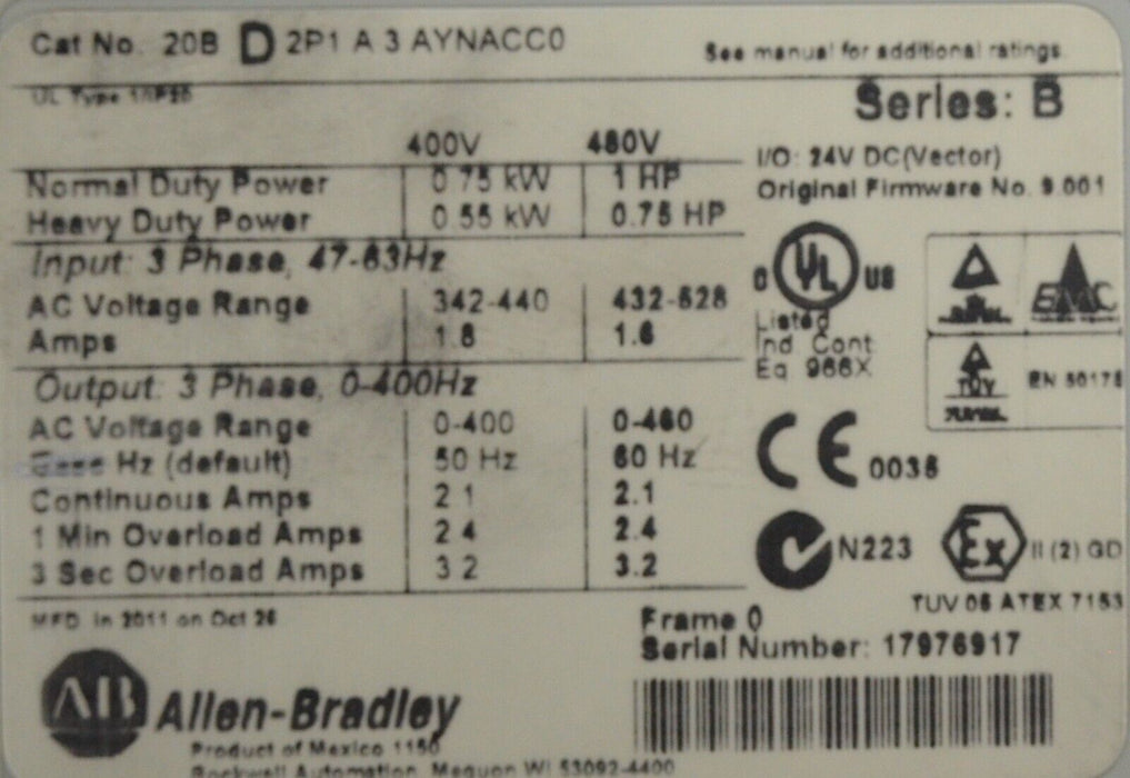 Low Hours Allen-Bradley PowerFlex 700 1HP 20BD2P1A3AYNACC0 480 VAC FRN:9.001