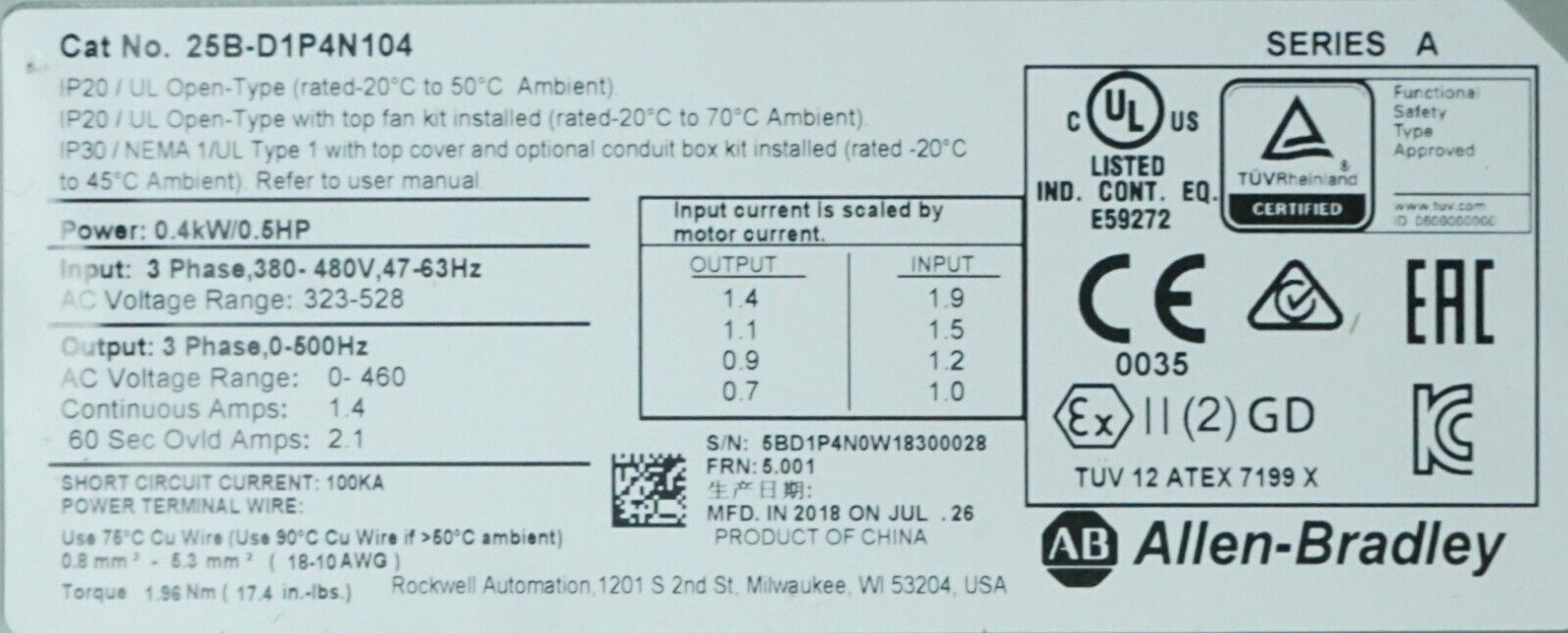 Allen Bradley 25B-D1P4N104 .5HP Powerflex 525 Series A FRN:5.001 Tested