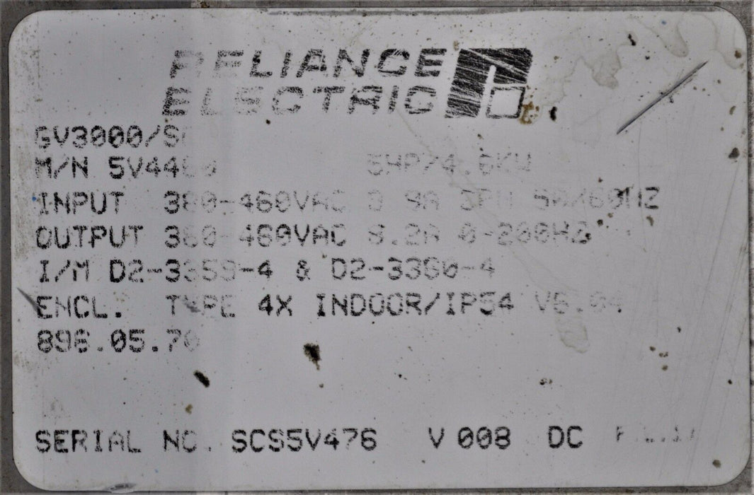 Reliance Electric GV3000/SE 5 HP 5V4460 VER. 6.04 Inverter Tested Good No Cover