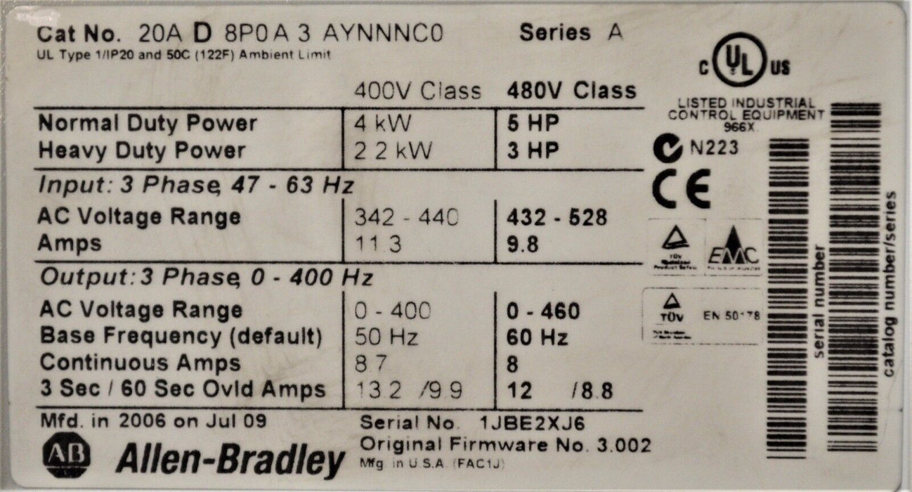 Allen-Bradley PowerFlex 70 5 HP 20AD8P0A3AYNNNC0 480 VAC Clean Tested Good