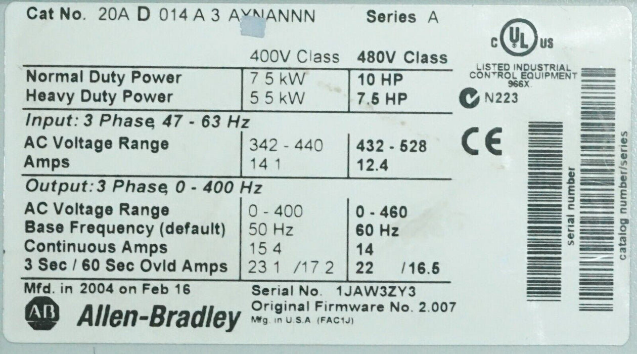 Allen-Bradley PowerFlex 70 10 HP 20AD014A3AYNANNN Series A FRN:2.007 Tested Good