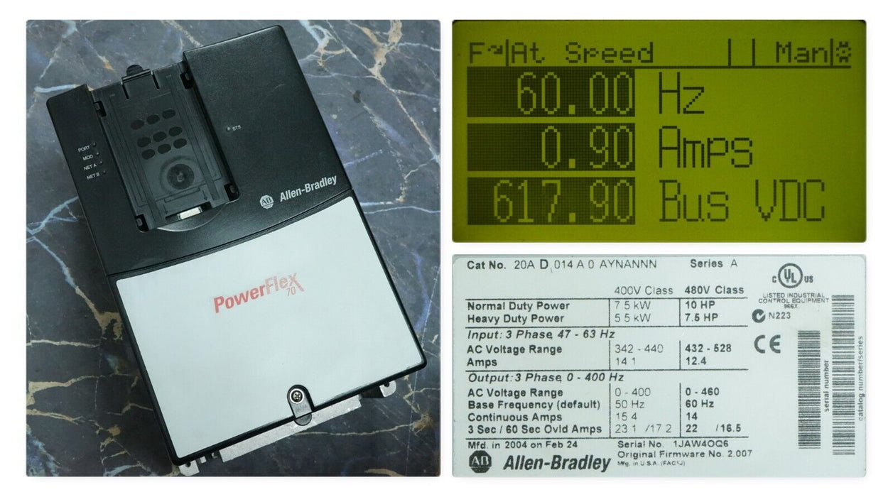 Allen-Bradley PowerFlex 70 10 HP 20AD014A0AYNANNN Series A FRN:2.008 Tested Good