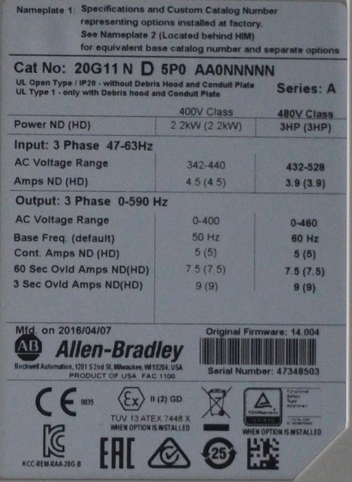 Allen-Bradley 20G11ND5P0AA0NNNNN PowerFlex 755 VFD 3HP Series A FRN:14.004