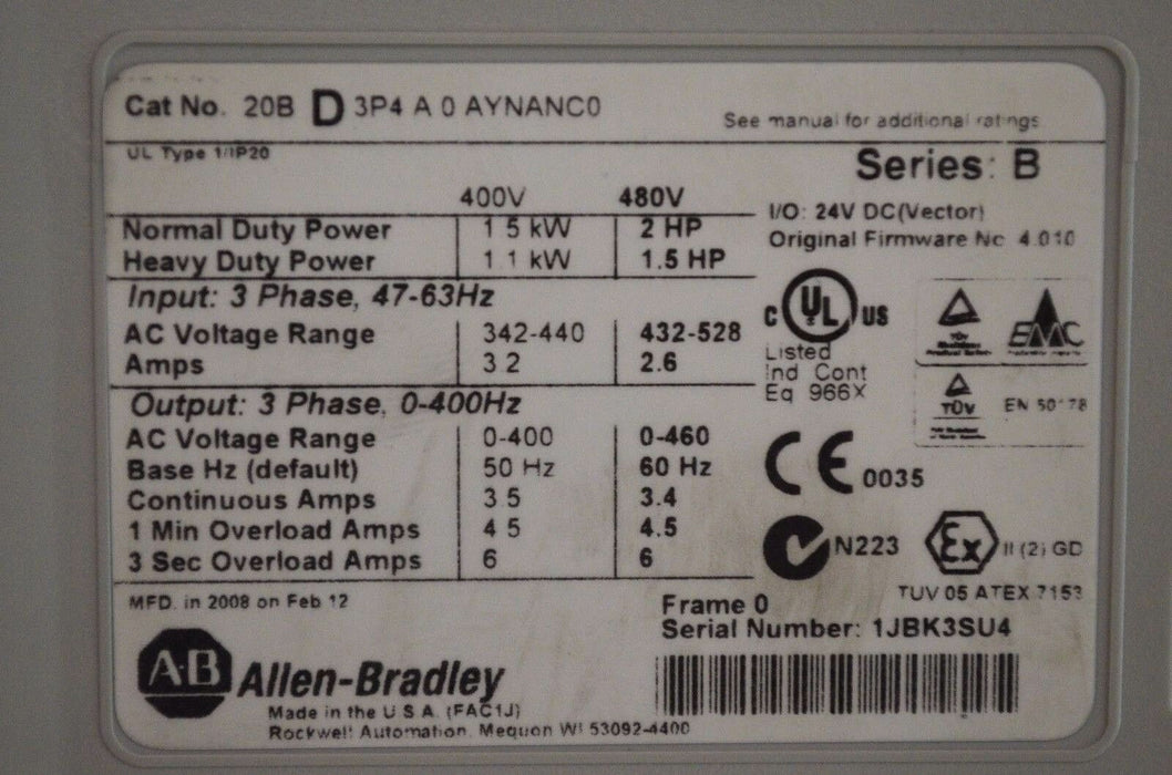 Allen-Bradley PowerFlex 700  2 HP 20BD3P4A0AYNANC0 480 VAC Excellent Tested Good