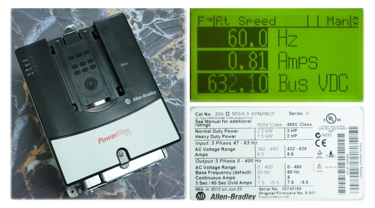 Allen-Bradley PowerFlex 70 3 HP 20AD5P0A3AYNANC0 480VAC FRN:5.001 Tested Good