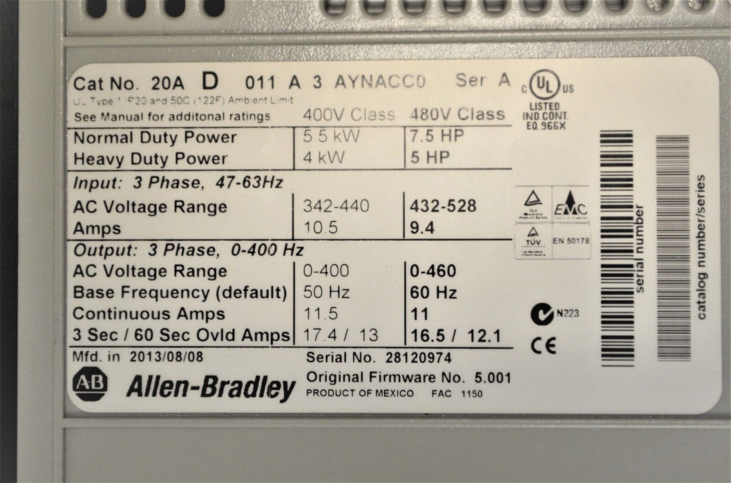 2013 Allen-Bradley Powerflex 70 7.5 HP, 11 AMPS, 20AD011A3AYNACC0 Ser A, 5.001