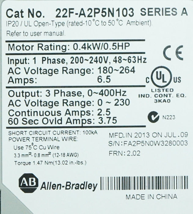 Zero Hours Allen Bradley 22F-A2P5N103 FRN:2.02 1/2HP Series A Tested Good