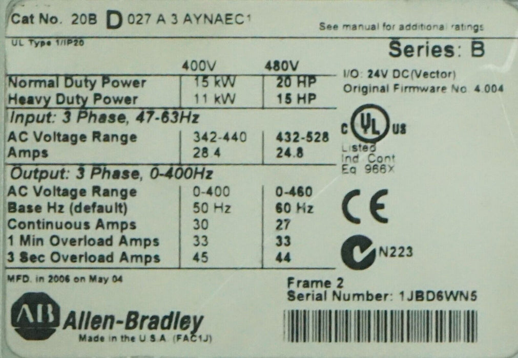 Allen-Bradley PowerFlex 700 20BD027A3AYNAEC1 20HP 480 VAC FRN:4.004 Tested Good