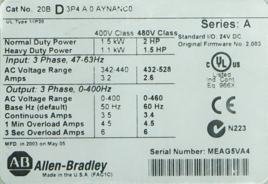 Allen Bradley Powerflex 700 20BD3P4A3AYNANC0 AC Drive 2HP 480V Tested Series A