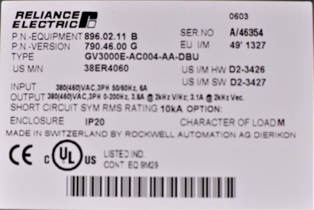 RELIANCE GV3000E  AC004-AA-DBU  38ER4060 FRN 6.07 AC DRIVE 480 VAC TESTED GOOD