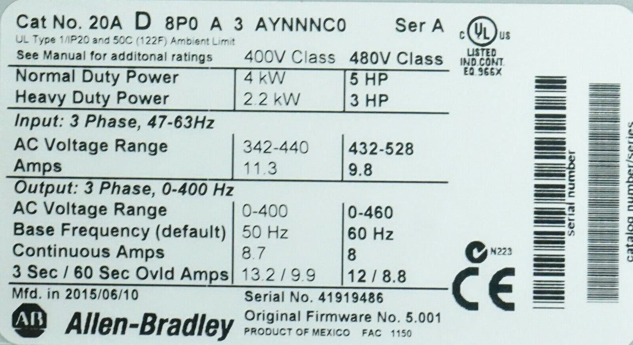 Allen-Bradley PowerFlex 70 5 HP 20AD8P0A3AYNNNC0 480 VAC FRN:5.001 Tested Good