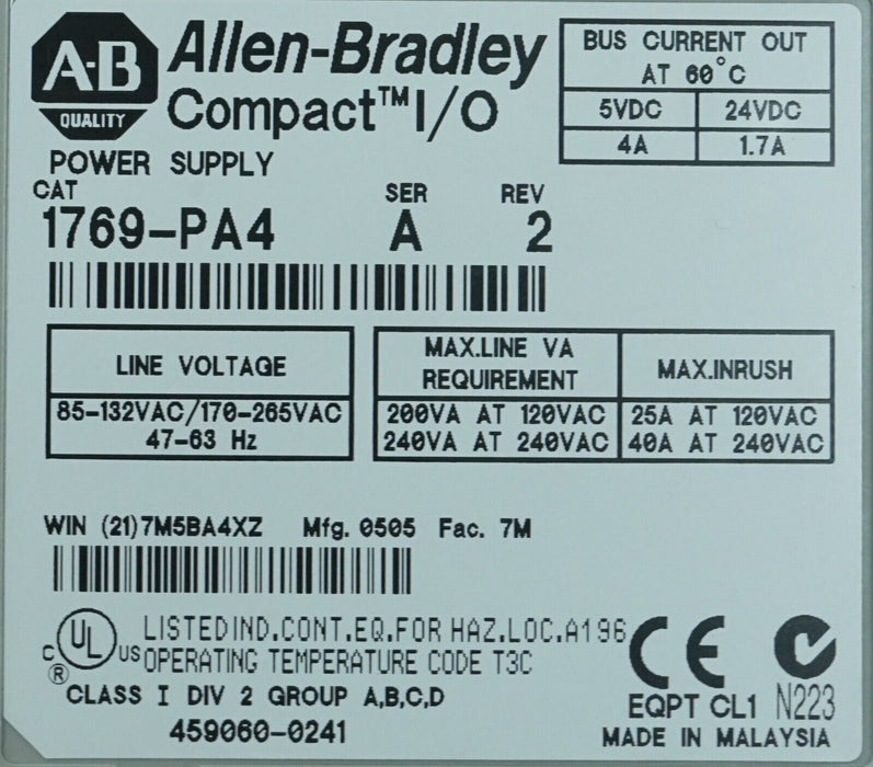 Allen-Bradley 1769-PA4 Compact Power Supply 120/240VAC Input Module Series A