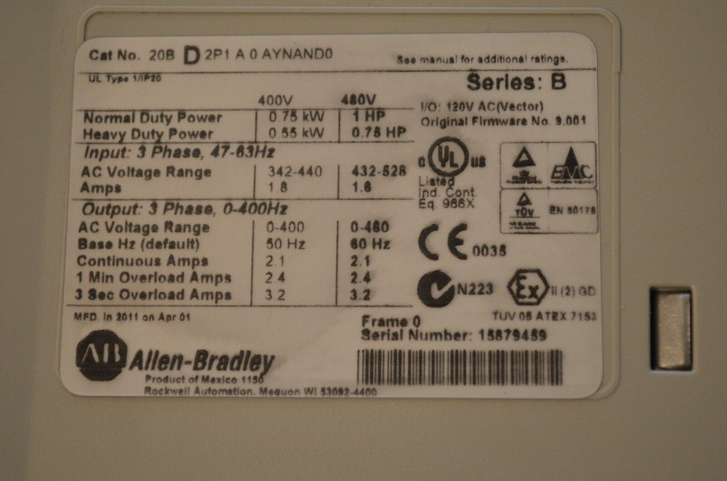 Allen-Bradley PowerFlex 700  1 HP 20BD2P1A0AYNAND0 480 VAC 2011 Date Code