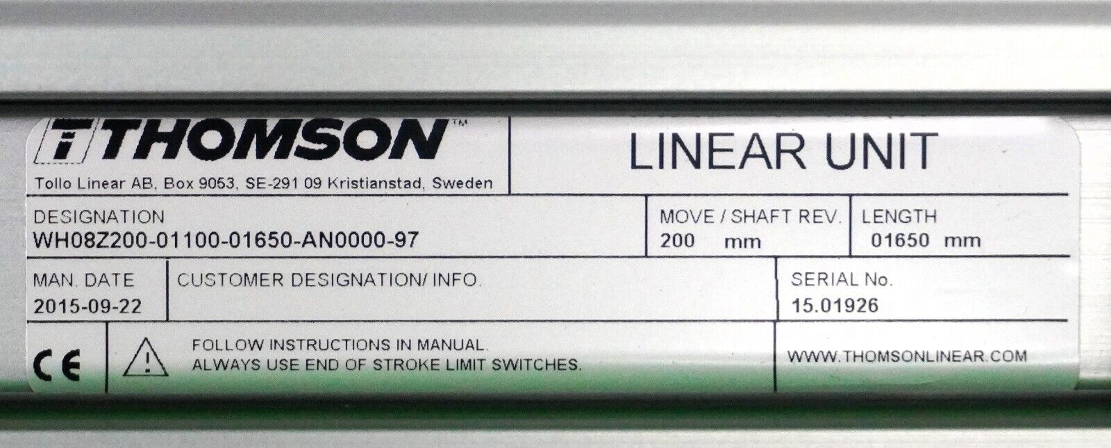 Thomson WH08Z200-01100-01650-AN0000-97 Belt Driven Wheel Guided Linear Actuator