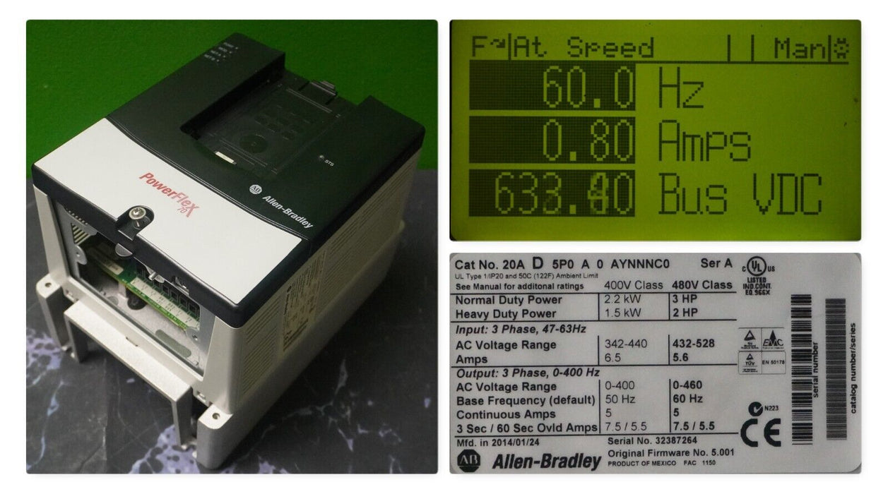 Allen-Bradley PowerFlex 70 3HP 20AD5P0A0AYNNNC0 480 VAC Clean Tested FRN:5.001