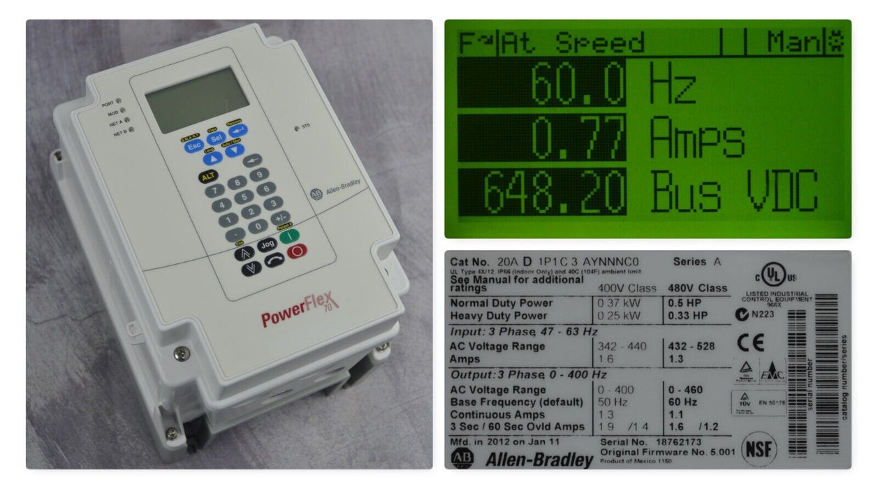 Low Hour Allen-Bradley PowerFlex 70 1/2 HP 20AD1P1C3AYNNNC0 FRN: 5.001 Tested