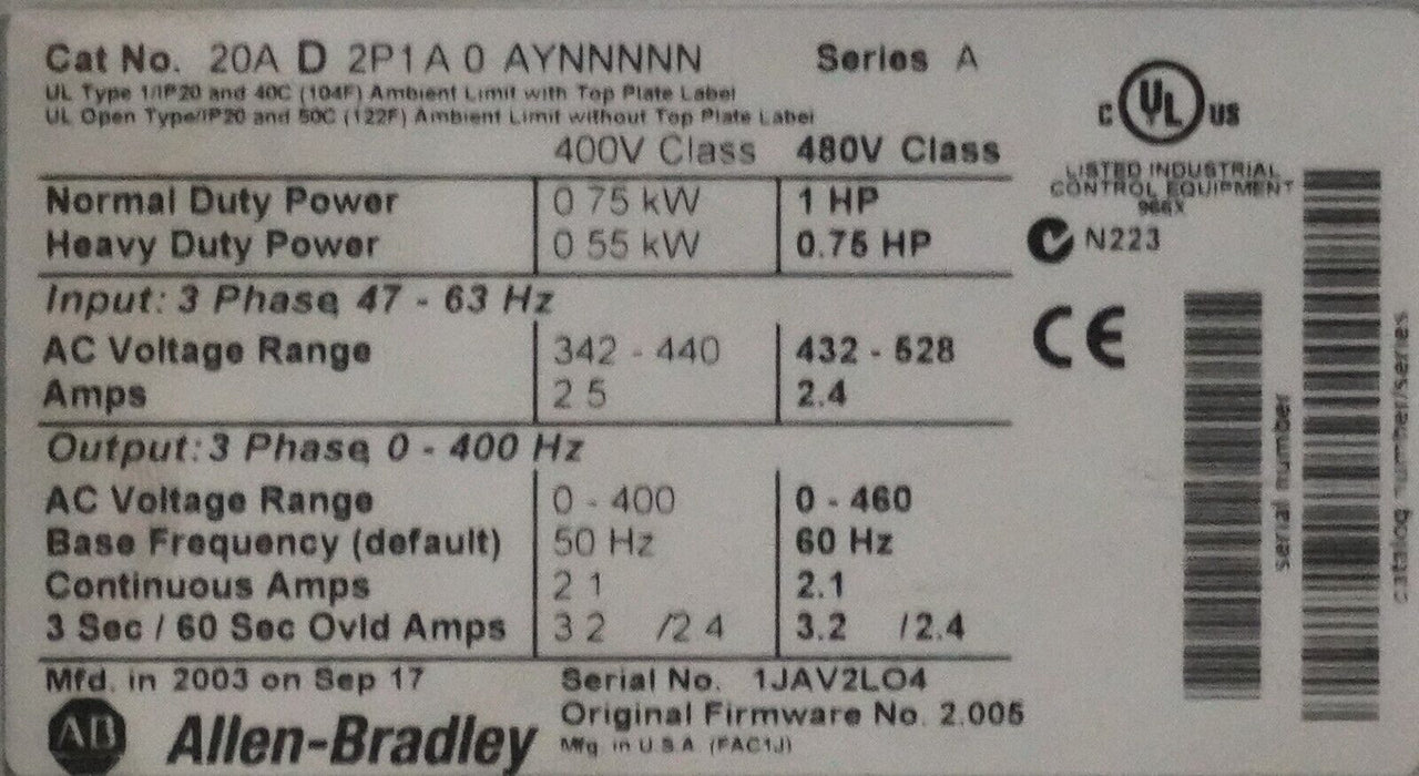 Allen-Bradley PowerFlex 70 1 HP 20AD2P1A0AYNNNNN 480VAC FRN 2.005 Tested Good