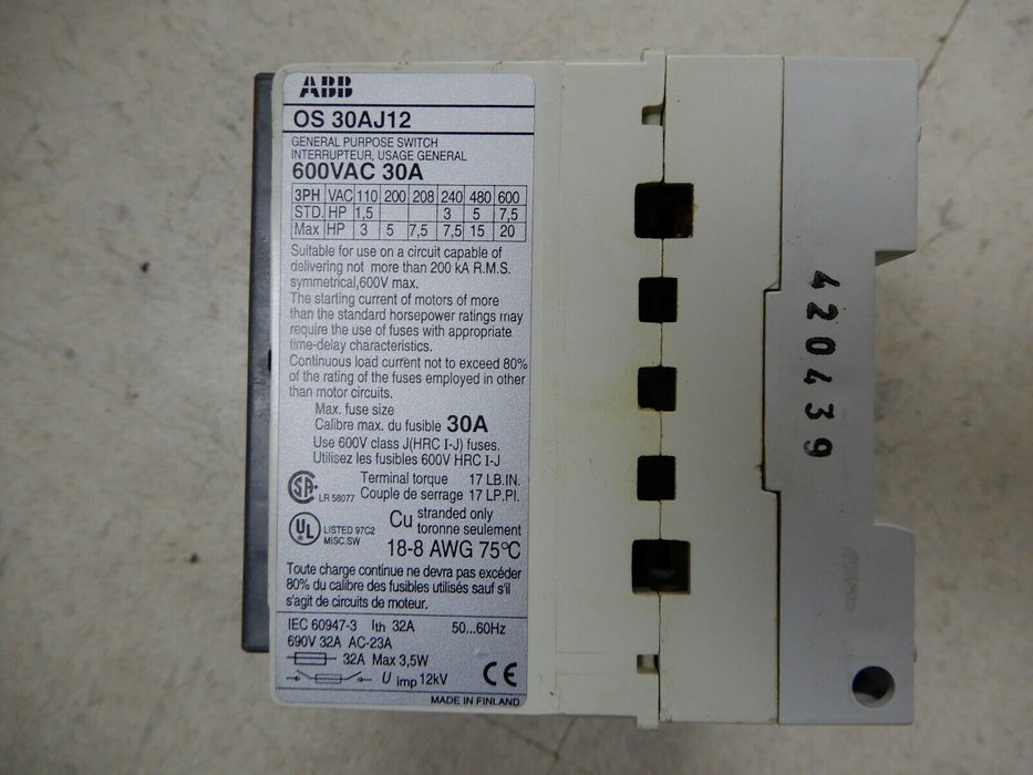 ABB General Purpose Disconnect Switch OS 30AJ12 30A With Shaft & Handle