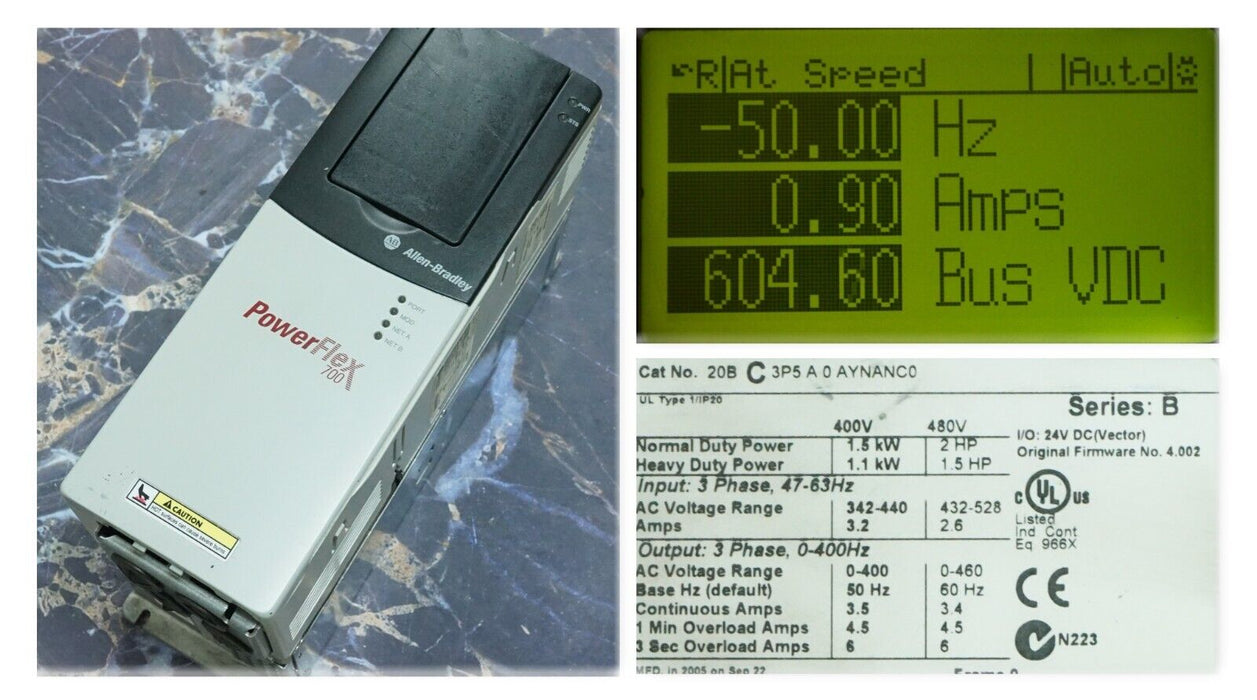 Low Hours Allen-Bradley PowerFlex 700 2HP 20BC3P5A0AYNANC0 400VAC FRN:4.002